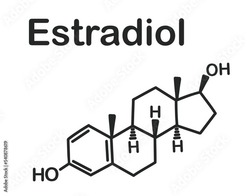 Structural chemical formula of estradiol isolated on white background.