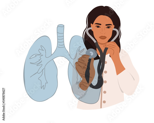 The pulmonologist listens to the lungs. Diagnosis and treatment of pneumonia.
Flat vector illustration.