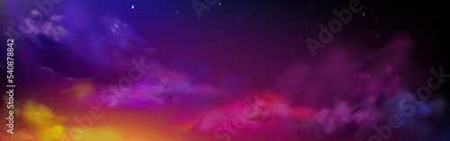Night sky with colorful clouds and stars, starry heaven, dusk panoramic background with yellow, purple, pink and lilac light reflecting on clouds. Universe, space Realistic vector mysterious landscape