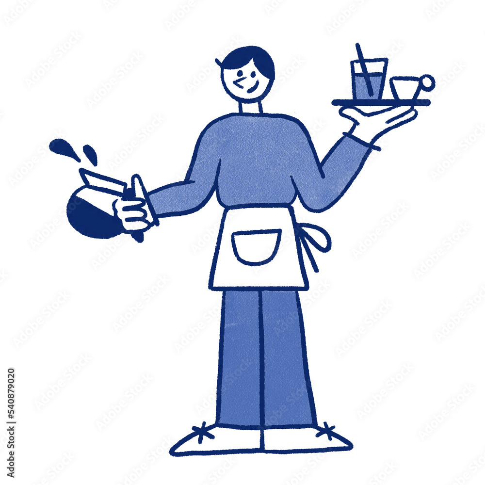 Coffee waiter hand drawn illustration in cartoon design