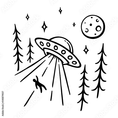 Alien UFO abduction doodle drawing. Hand drawn flying saucer. Martian spaceship abducting man from forest. Vector illustration.
