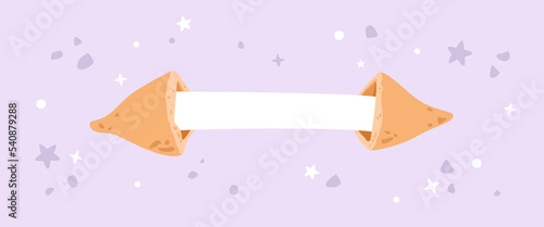 Fortune cookies banner. Open sweet with blank paper for message, wishing, surprise. Pastel purple colored background with stars and abstract shapes. Vector illustration. Asian biscuit.