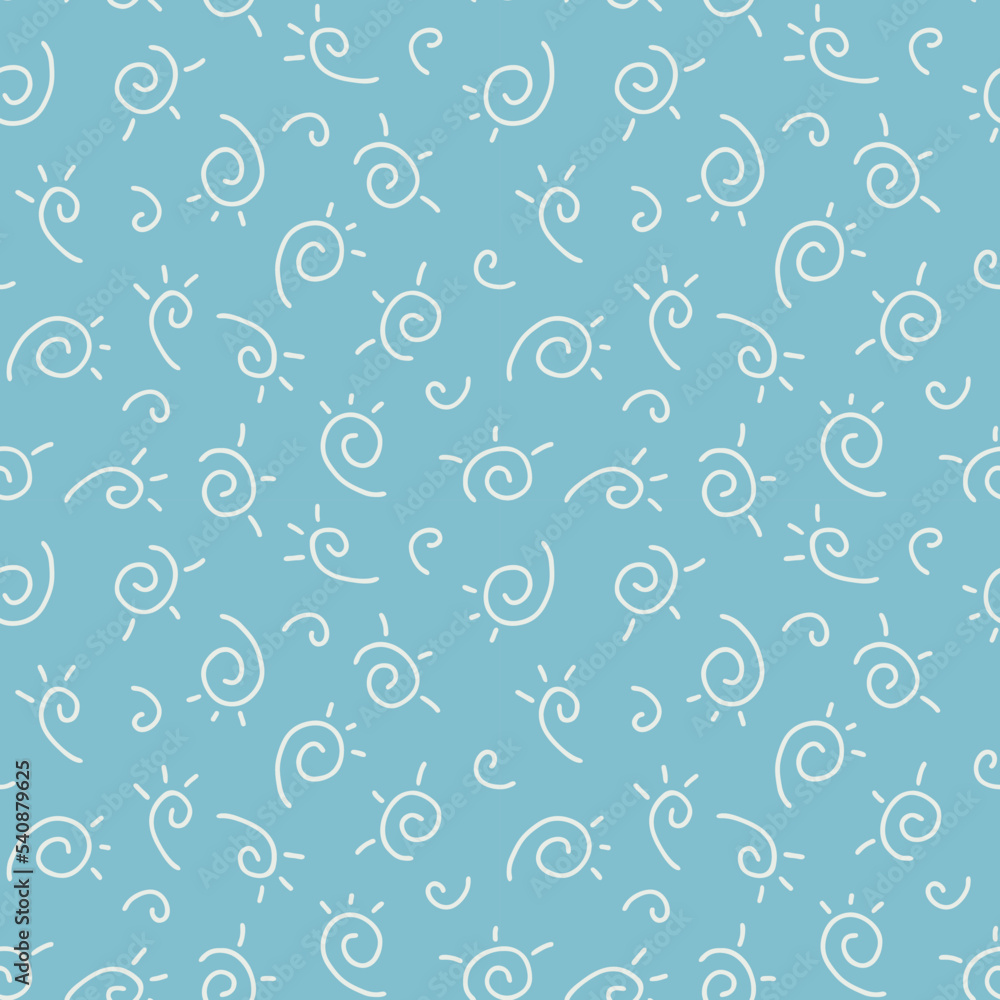 Blue seamless doodle pattern with curls, spirals and rays.