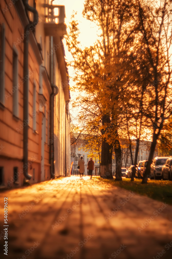 Blurred background - autumn street with passers-by