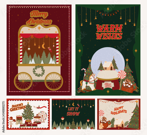 Collection of greeting cards for Merry Christmas with fairs and holidays elements. Seasons Greetings postcard. Editable vector illustration.