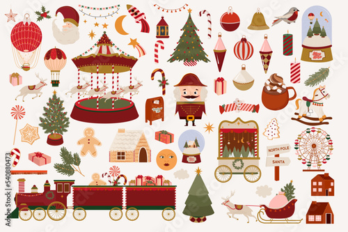 Collection of Christmas elements: fairs, carnival, christmas tree, toys, train, nutcracker, gingerbread cookies. Perfect for create cards, posters, print for product. Editable vector illustration.