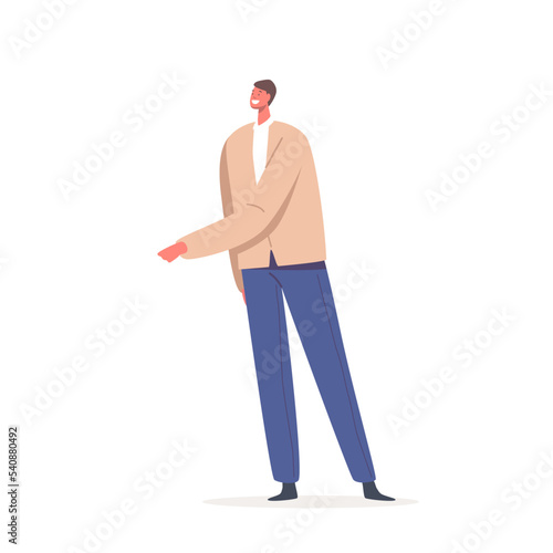 Single Male Character Wear Blazer and Blue Trousers Stretching Hand for Greeting on Shaking Isolated on White Background