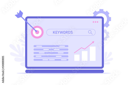 Lsi keyword research and seo optimization. Web analysis and seo  concept. Analyzing SERPs with magnifying glass, darts, chart. Vector flat illustration for landing page, banner, site
