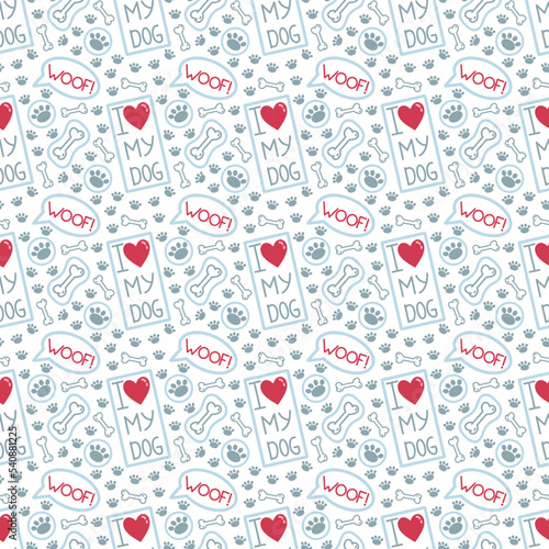 Vector seamless pattern I love my dog. Digital illustration with paw prints, hearts, bones for wrapping paper, design, decoration.
