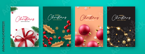 Christmas greeting set vector poster design. Merry christmas and happy new year gift card lay out collection for holiday xmas background decoration. Vector Illustration.