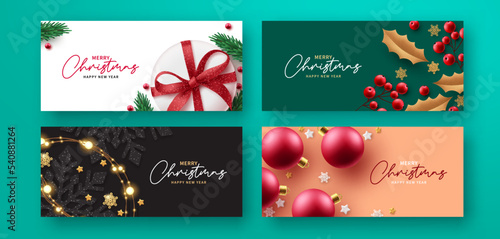 Christmas banner set vector design. Merry christmas and happy new year gift card collection for xmas holiday lay out background. Vector Illustration.