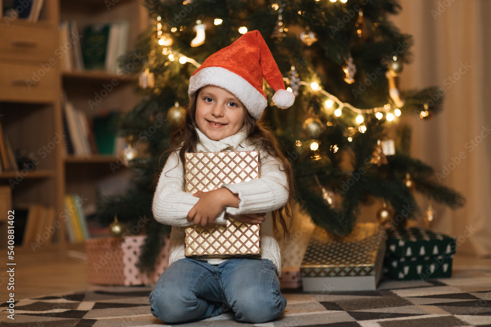 Close up portrait of lovely cute little girl in warm knitted white sweaters and red santa hat holding gift in front of decorated Christmas tree, looking at camera.