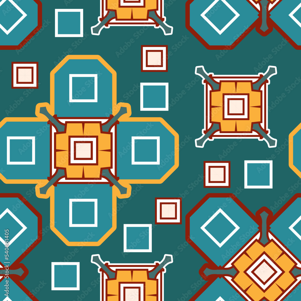 Seamless pattern with decorative elements and a predominant blue and yellow palette. Vector illustration Seamless pattern with decorative elements and a predominant blue and yellow palette. Vector illustration
