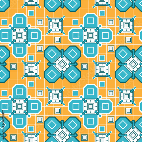 Seamless yellow-blue pattern with original decorative elements and lattice. Vector illustration