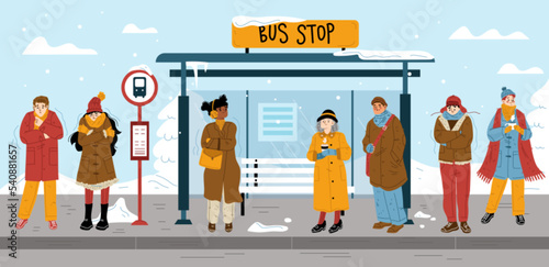 People in warm clothes standing on bus stop in winter. Winter landscape with bus shelter, snow, road and diverse characters freeze in cold weather, vector hand drawn illustration