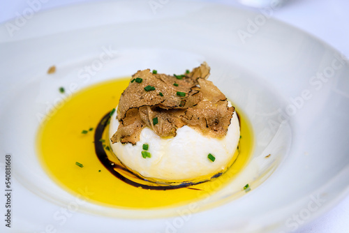 Burrata with shaved black truffle appetizer at a luxury restaurant, Nice, France