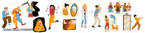 Different phobias, anxiety, stress emotions concept. People fear of dog, spiders, darkness, public speech, close space and clowns. Persons scared of pills, aging and elevator, vector flat illustration