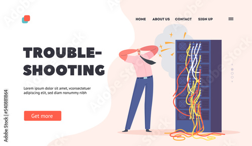Trouble Shooting Landing Page Template. Sysadmin Character Servicing Server Racks with Short Circuit Vector Illustration