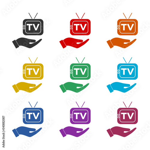 TV in hand icon isolated on white background. Set icons colorful