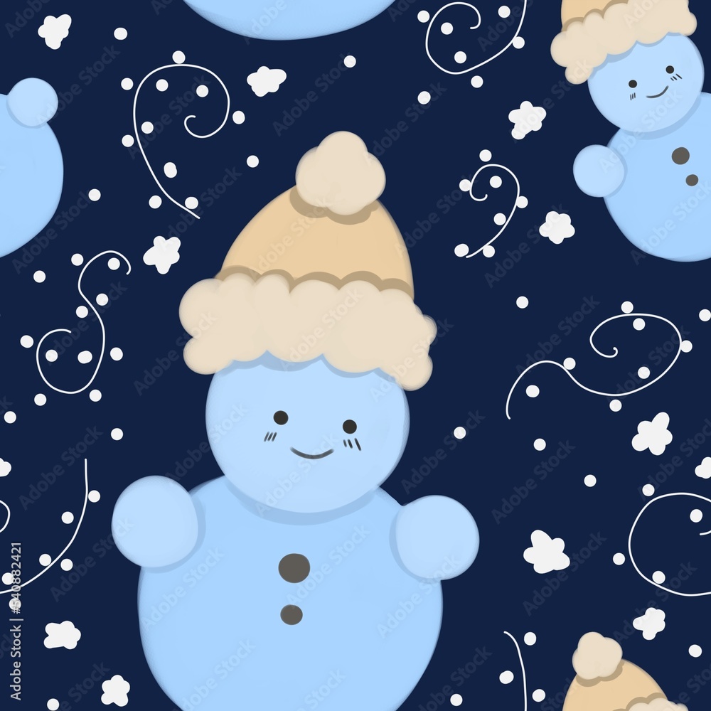 Seamless pattern with snowmen and snow elements, color raster pattern