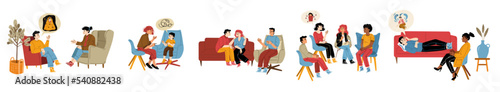 Psychologist consulting different patients, couple, kid and group of people. Professional psychology consultation, mental health concept with therapy session scenes, vector hand drawn illustration
