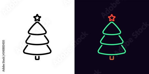 Outline Christmas tree icon, with editable stroke. Linear Christmas tree with star and plump rounded shape, xmas pictogram