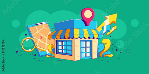 Local store, business seo optimization contemporary concept with shop building, tablet with map, location pin, arrows and magnifier. Market strategy campaign, Cartoon linear vector illustration