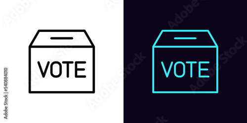 Outline vote box icon, with editable stroke. Linear voting box with text Vote, public polling and election day pictogram. Politic voting