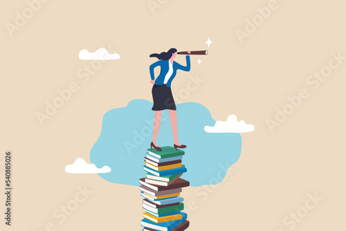 Book or education to help career advancement, knowledge or wisdom for business visionary, leadership or opportunity concept, confidence businesswoman leader on high books stack look through telescope.