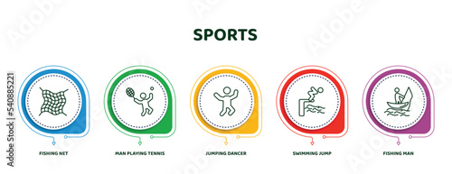 editable thin line icons with infographic template. infographic for sports concept. included fishing net, man playing tennis, jumping dancer, swimming jump, fishing man icons.