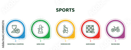 editable thin line icons with infographic template. infographic for sports concept. included basketball champion, wing chun, exercise gym, game board, racing bike icons.