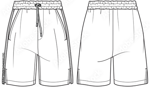 unisex basket ball shorts flat sketch vector illustration front and back view technical cad drawing template