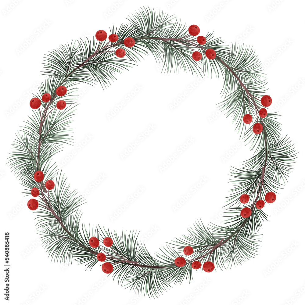 Christmas wreath in watercolor style. Isolated clipart element.