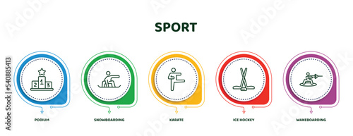 editable thin line icons with infographic template. infographic for sport concept. included podium, snowboarding, karate, ice hockey, wakeboarding icons.