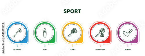 editable thin line icons with infographic template. infographic for sport concept. included baseball, surf, tennis, badminton, boxing icons.