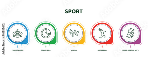 editable thin line icons with infographic template. infographic for sport concept. included trampolining, tennis ball, aikido, dodgeball, mixed martial arts icons.