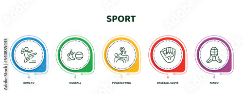 editable thin line icons with infographic template. infographic for sport concept. included kung fu, kickball, powerlifting, baseball glove, kendo icons.