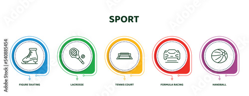 editable thin line icons with infographic template. infographic for sport concept. included figure skating, lacrosse, tennis court, formula racing, handball icons.