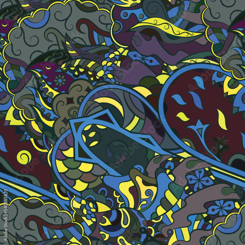 Tracery seamless pattern. Mehndi design. Dark sharp colors. Ethnic doodle texture. Curved doodling background. Vector