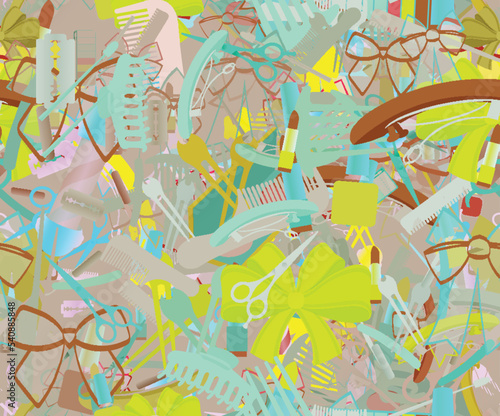 Background pattern abstract seamless design texture. Theme is about adornment, salon, straight razor, pomatum, shaving, bobby pin, ointment, hair clips, barber, slip, barrette, raker, cosmetology