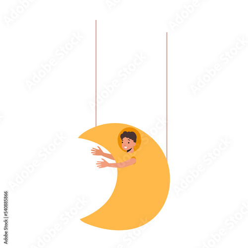Child in Funny Theatrical Costume of Moon Hanging on Ropes, Little Boy Artist Character Take Part in School Performance