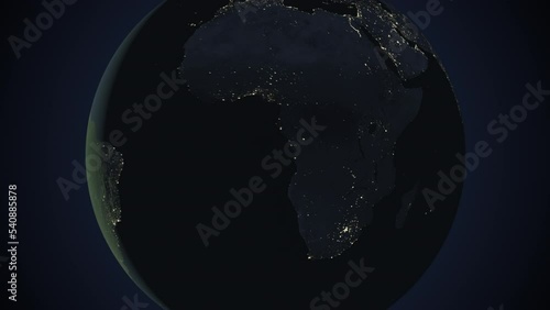 Seamless looping animation of the earth at night zooming in to the 3d map of Malawi with the capital and the biggest cites in 4K resolution photo