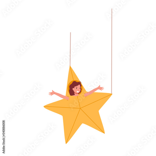 Little Artist Girl Playing Role in Performance. Child in Funny Theatrical Costume of Star Hanging on Ropes Illustration