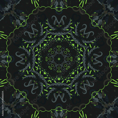 Seamless tile texture. Tracery mehndi design image. Dark toxic colors. Ethnic doodle art. Curved doodling picture. Vector