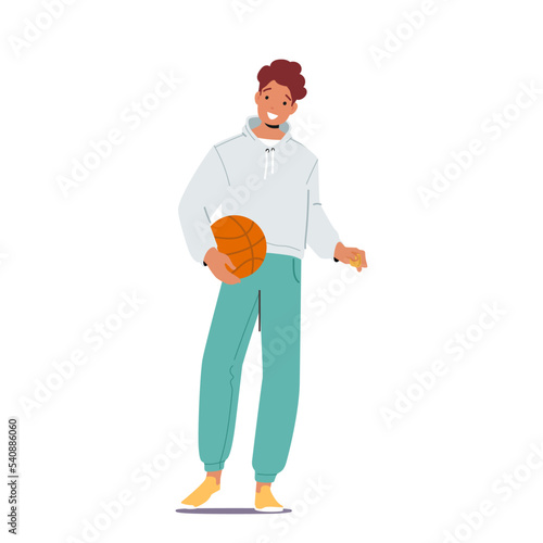 Teenager with Basketball Ball, Young man Sports Training. Happy Male Character Doing Workout, Healthy Lifestyle