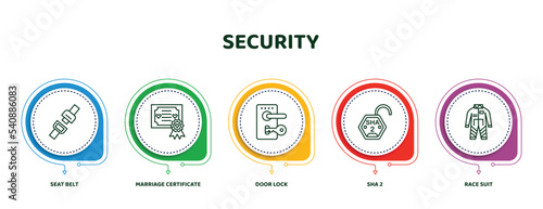 editable thin line icons with infographic template. infographic for security concept. included seat belt, marriage certificate, door lock, sha 2, race suit icons.