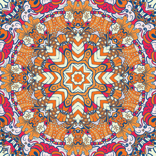 Seamless tile texture. Tracery mehndi design image. Ethnic doodle art. Curved doodling picture. Vector