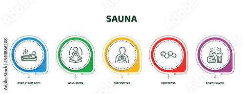 editable thin line icons with infographic template. infographic for sauna concept. included irish steam bath, well-being, respiration, hormones, smoke sauna icons.