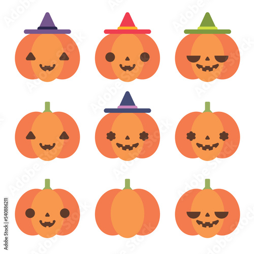 Set of cute orange pumpkin head for halloween theme on white background. Holidays character flat vector cartoon illustration.