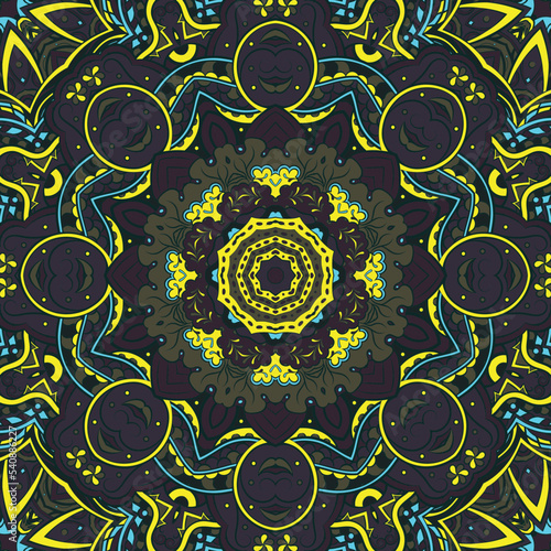 Seamless tile texture. Tracery mehndi design image. Dark toxic colors. Ethnic doodle art. Curved doodling picture. Vector